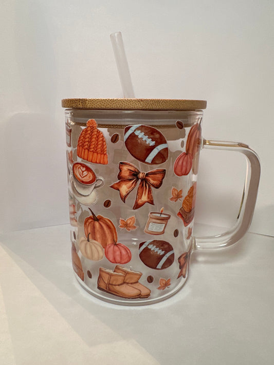 Cozy Fall Things 17oz Glass Mug With Lid and Straw: Clear With Lid and Straw