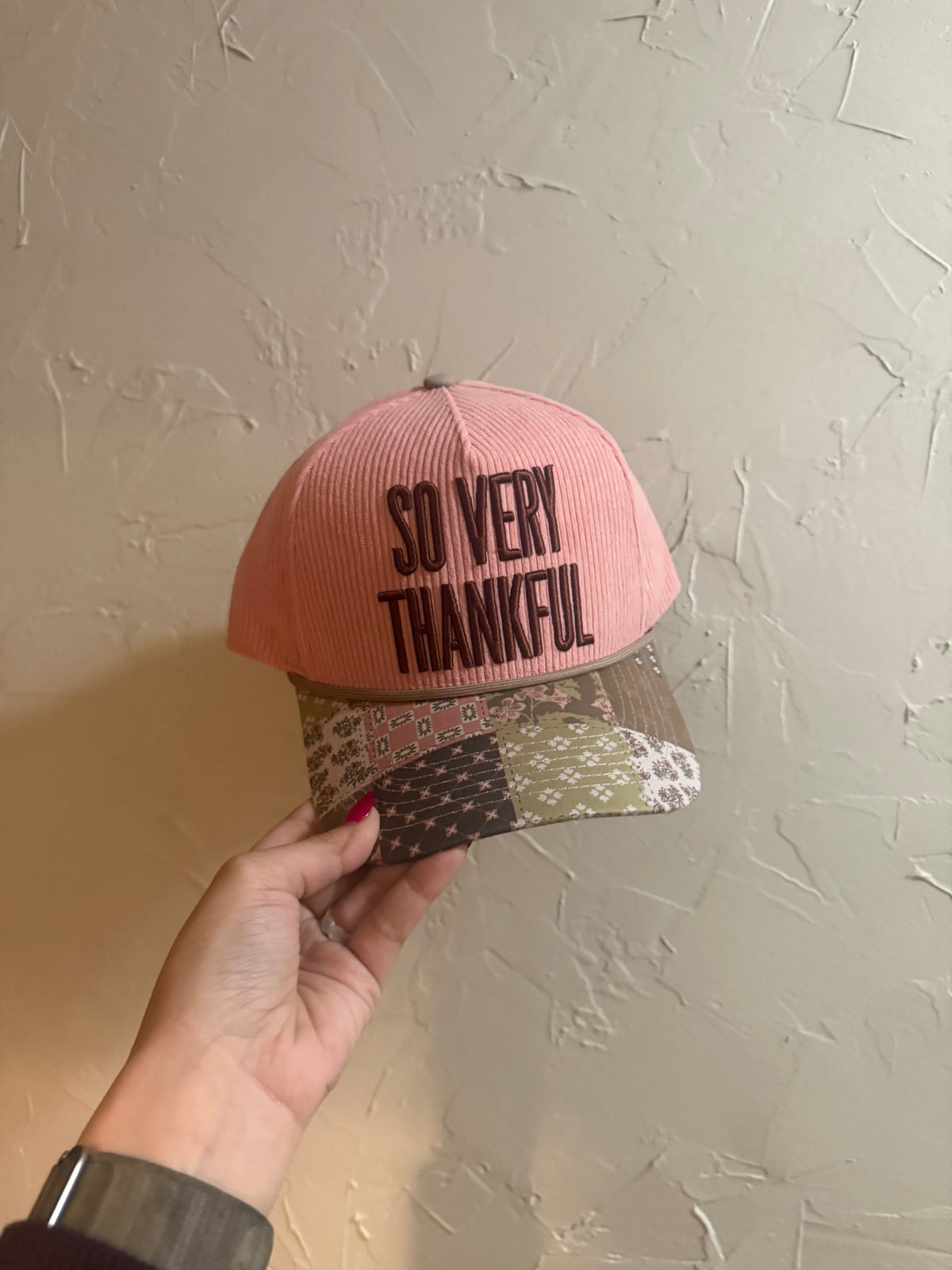 Embroidered Baseball Cap - "So Very Thankful" - Light Pink