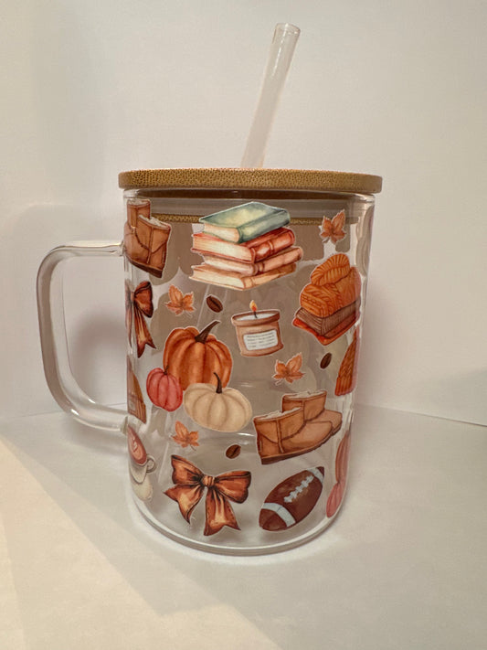 Cozy Fall Things 17oz Glass Mug With Lid and Straw: Clear With Lid and Straw