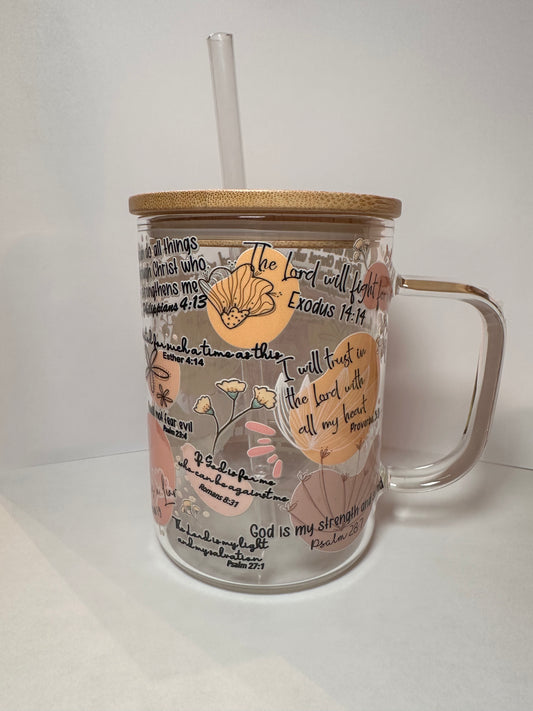 Christian Affirmations and Bible Verses 17oz Glass Mug with Lid and Straw: Clear with Lid and Straw