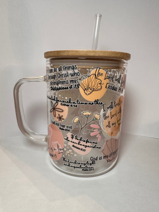 Christian Affirmations and Bible Verses 17oz Glass Mug with Lid and Straw: Clear with Lid and Straw
