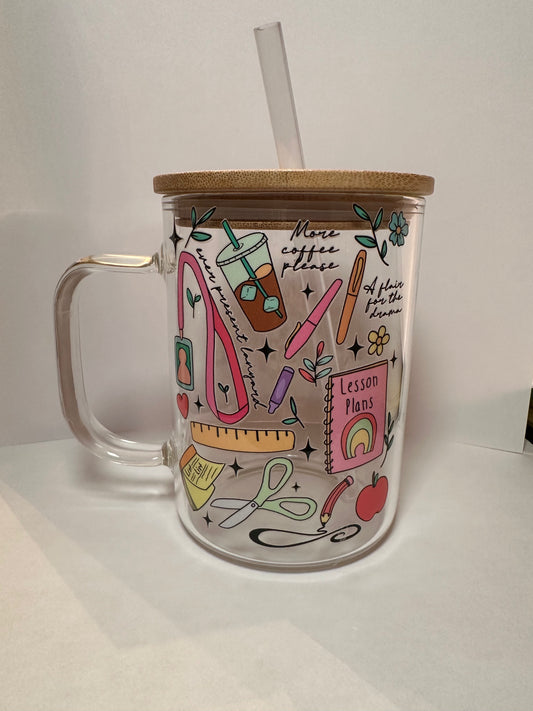 Teacher 17oz Glass Mug With Lid and Straw